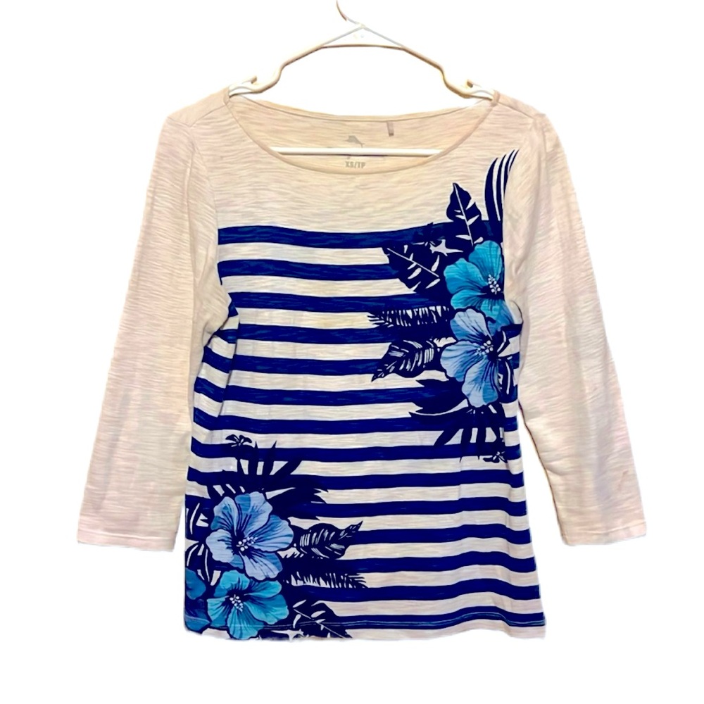 XS Tommy Bahama Women's 3/4 Sleeve Striped Boat Neck T-Shirt